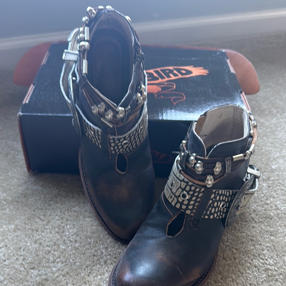 Black and Brown Ankle Boots with Studded Embellishments